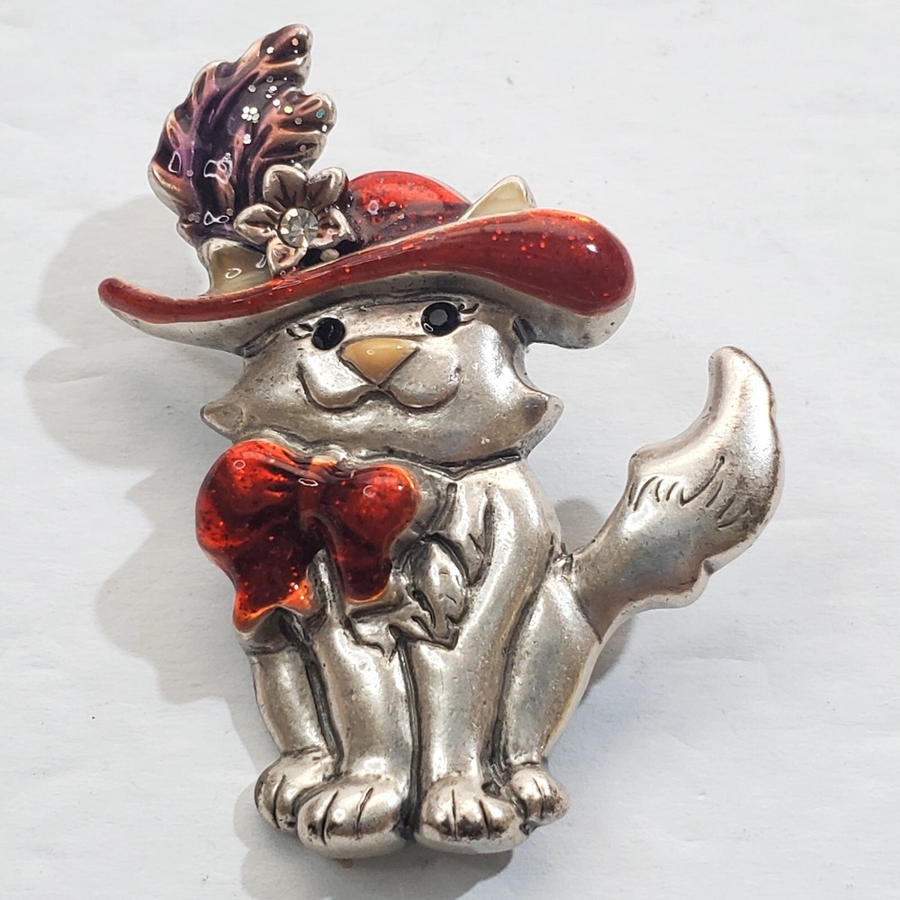 Vintage AJMC Silver Tone Enamel Red Hat Society Kitty Cat Brooch Pin Bow Feather